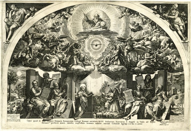 Print made by: Raphael Sadeler I, after: Cornelis Cort, after Federico Zuccaro, The Annunciation with prophets, 1580 c. <br>© The Trustees of the British Museum