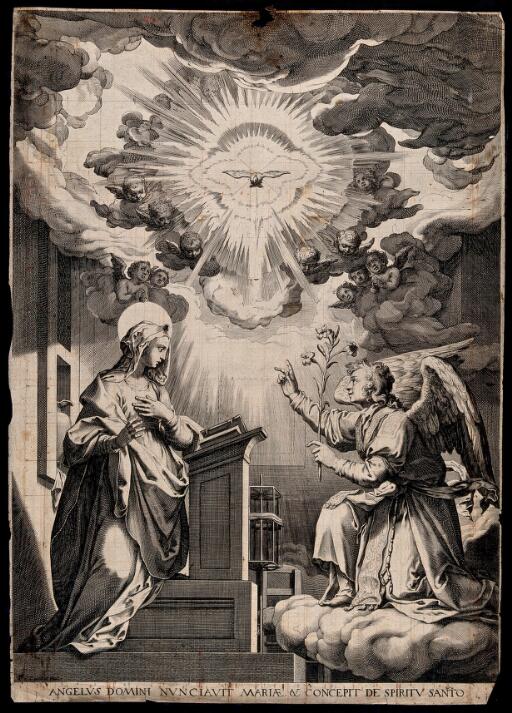 Engraving after Federico Zuccaro, The Annunciation to the Virgin, who stands before a lectern., second half XVI century, Wellcome Collection, United Kingdom <br>