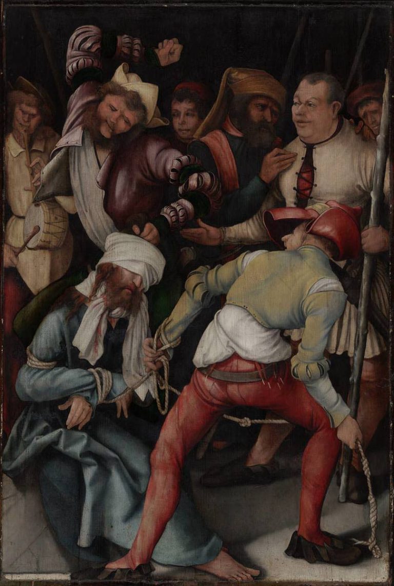 Matthias Grünewald (Mathis Gothart-Nithart), Mocking of Christ, ca. 1503-1505 <br>Bayerische Staatsgemäldesammlungen - Alte Pinakothek München, http://www.sammlung.pinakothek.de/de/artwork/A9xlyorLWv 